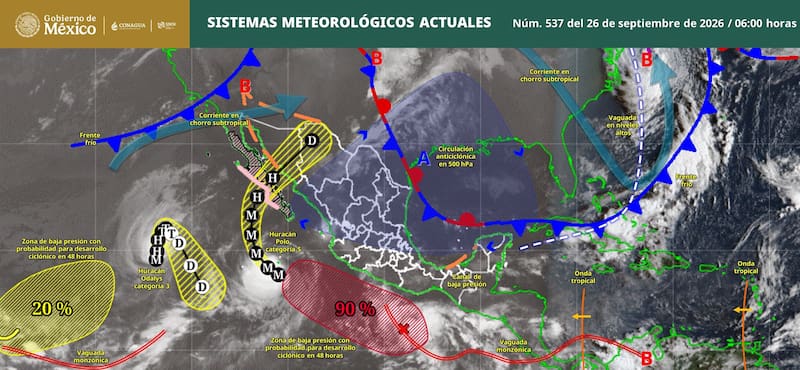 Lluvias fuertes a puntuales muy fuertes en zonas de Baja California Sur, Sinaloa y Nayarit