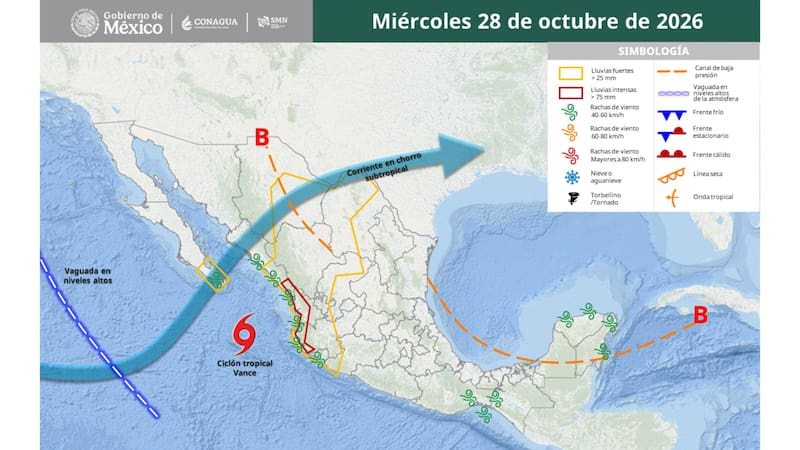 Mapa oficial del Servicio Meteorológico Nacional (SMN) de México que detalla el pronóstico del tiempo para el miércoles 28 de octubre de 2026.