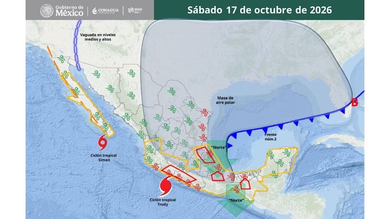 Mapa de pronóstico meteorológico de México para el sábado 17 de octubre de 2026, que muestra la ubicación de frentes fríos, masas de aire polar y ciclones tropicales.