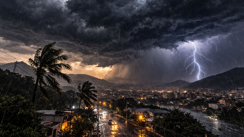 Se aproxima la “tormenta del siglo” en marzo: una ola de calor se combina con lluvias intensas por estas horas. (Representación creada con inteligencia artificial)