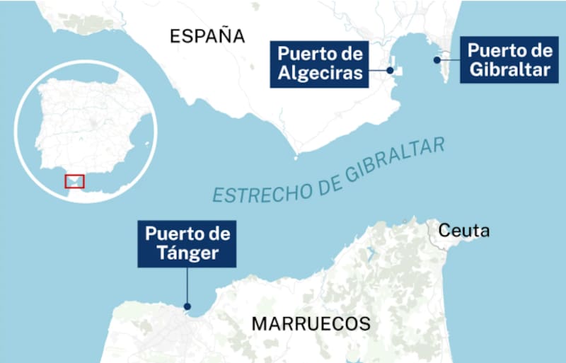 Localización de los puertos de Tánger, Algeciras y Gibraltar