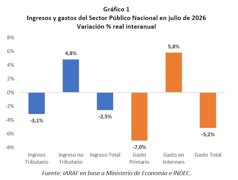 Los ingresos totales en julio tuvieron una caída real interanual del 2,5% (Fuente: IARAF)