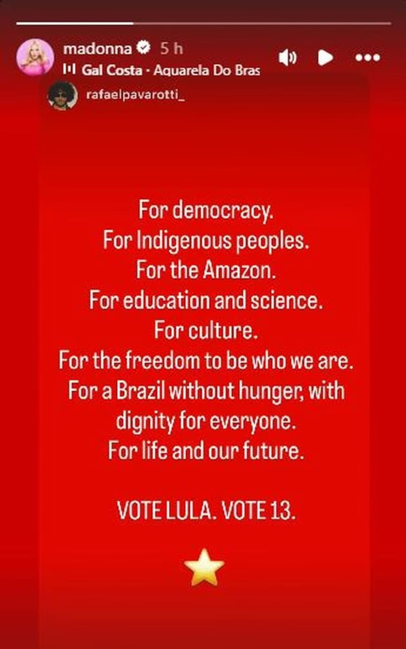 Madonna pidió en sus redes sociales que voten a Lula.
