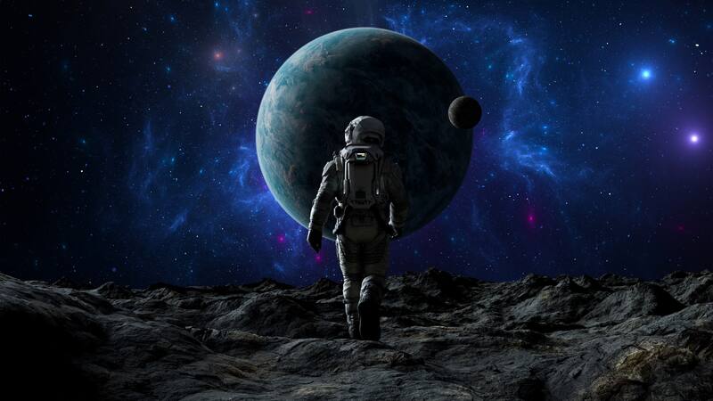 Man Astronaut stands on a rocky expanse, a vast blue planet and its moon hanging in the cosmic nebula. Cosmonaut walk. 3d render