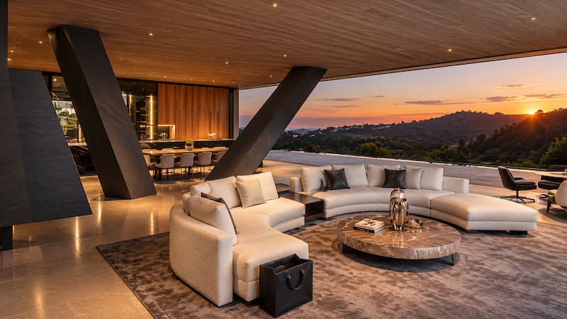 The brutalist California mansion's main characteristics.