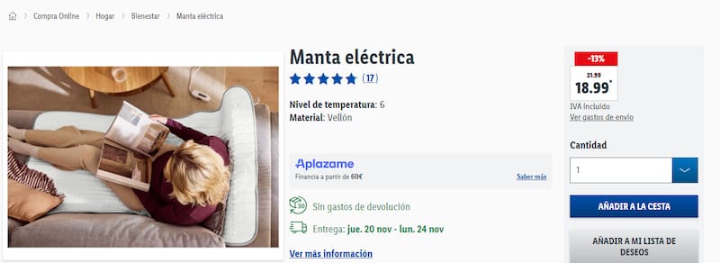 La manta eléctrica con calentamiento rápido y apagado automático. (Fuente: Lidl)