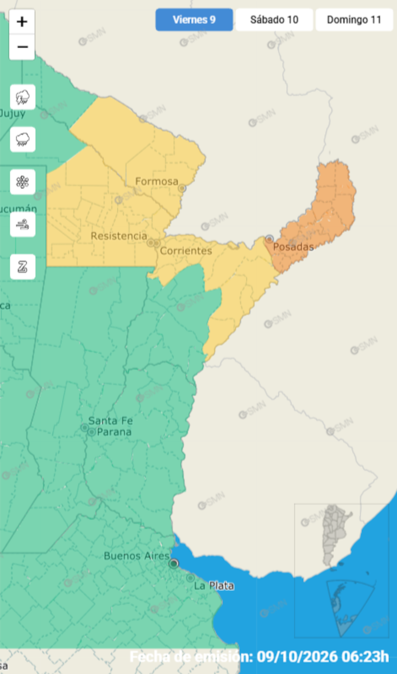 Alerta del SMN por fuertes tormentas este viernes 9: intensas lluvias en Misiones, Corrientes y Chaco.