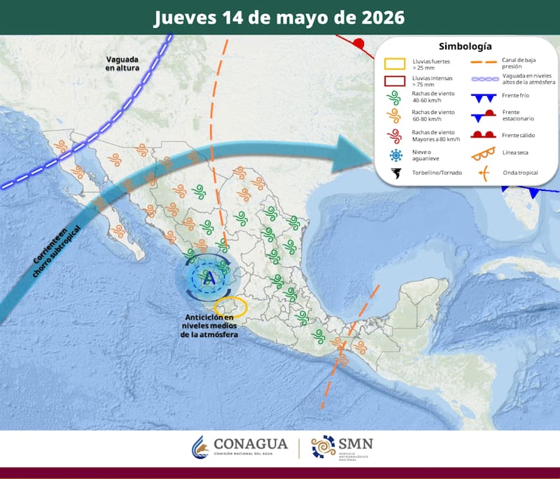 El SMN difundió el pronóstico del tiempo para el jueves 14 de mayo en la República Mexicana. (Foto: SMN)