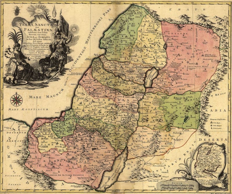 Mapa de 1759 que muestra a la región de Palestina y sus diferentes divisiones.