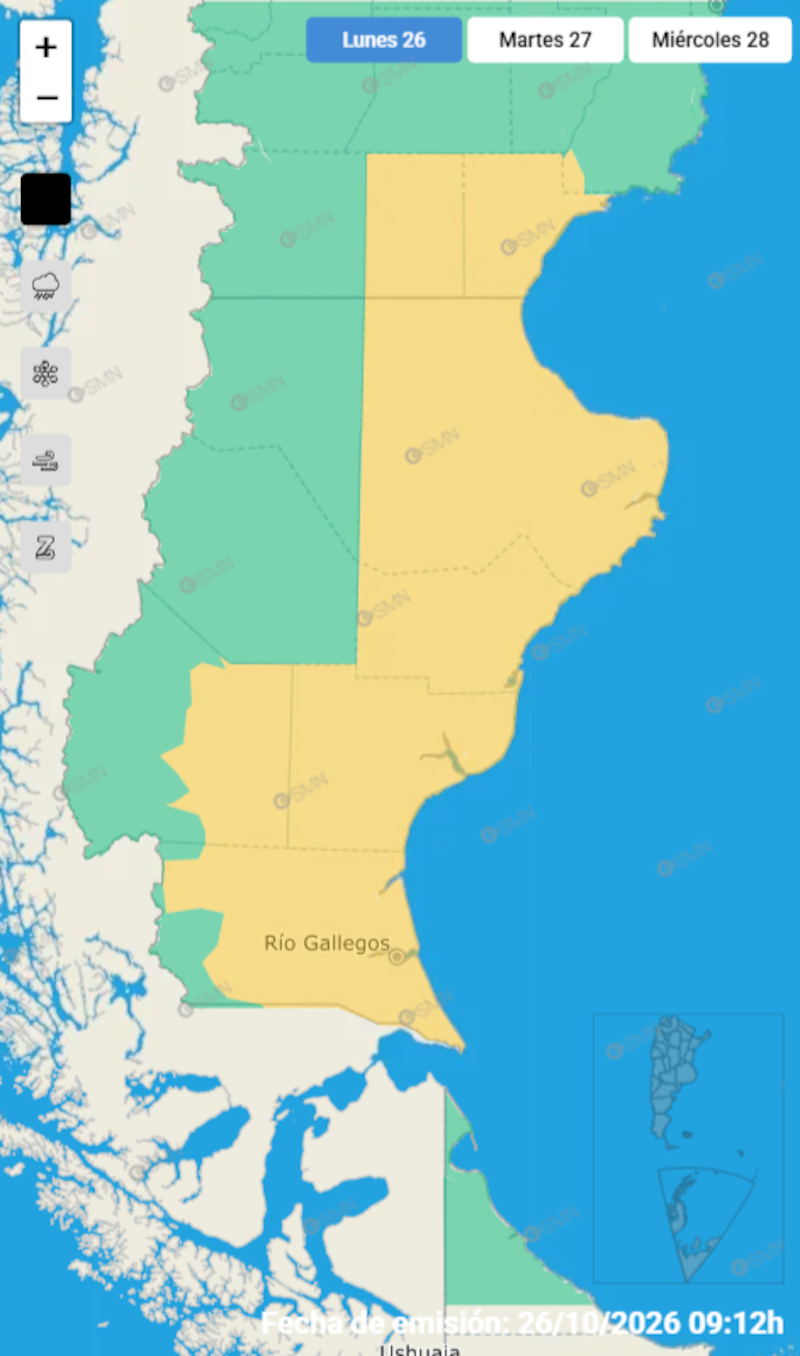Alerta amarilla en Chubut y Santa Cruz por tormentas fuertes durante la noche del lunes 26 de octubre. (Foto: SMN)