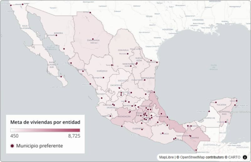 Entidades federativas con menor y mayor cantidad de viviendas a construir por parte del FOVISSSTE.