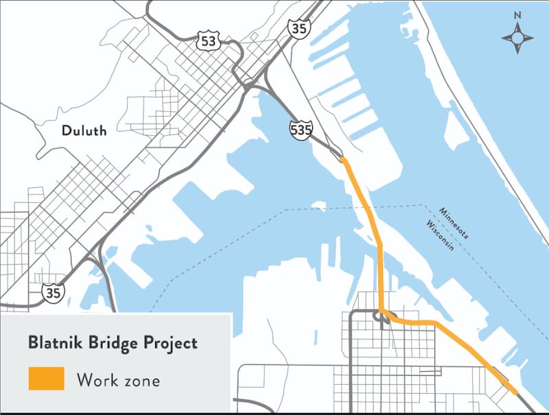 El proyecto de reemplazo del puente Blatnik contempla una inversión estimada de US$1.815 millones. El mapa señala en naranja la zona de obras
