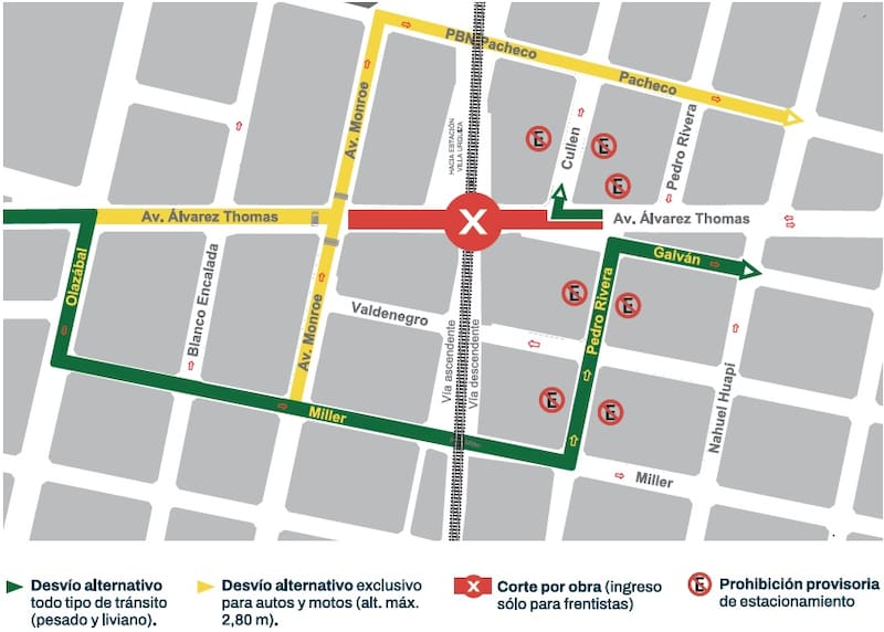 Así es el mapa de desvío del tránsito por la construcción del paso bajo nivel de Álvarez Thomas