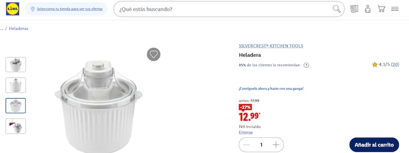 Largas filas en Lidl por este electrodoméstico que prepara hasta 1 litro de helado o sorbete: se consigue por menos de 15 euros.