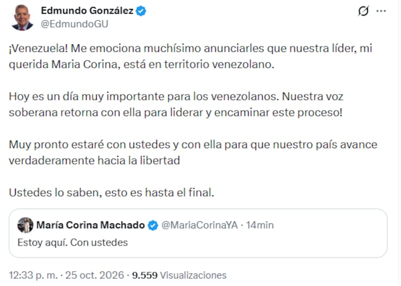 El mensaje de María Corina Machado tras regresar a Venezuela