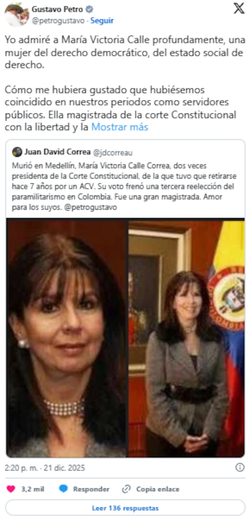 María Victoria Calle Correa fue dos veces presidenta de la Corte Constitucional y se destacó por su defensa del Estado social de derecho.