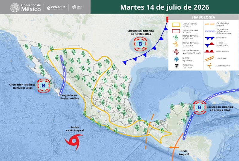 El pronóstico del tiempo para el martes 14 de julio. (Foto: SMN)