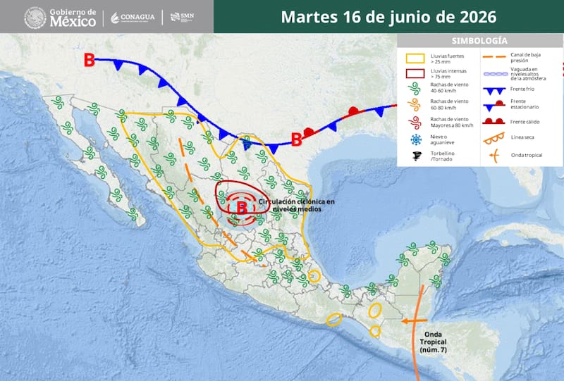 El pronóstico que difundió el SMN para el martes 16 de junio. (Foto: SMN)