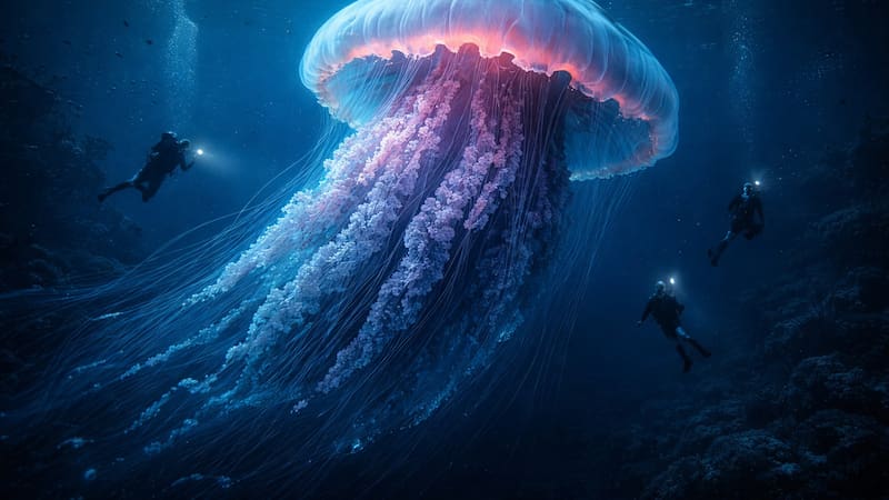 El hallazgo del siglo | Descubren una medusa del tamaño de un camión nunca antes vista fuera de las profundidades (Imagen creada con ChatGPT).