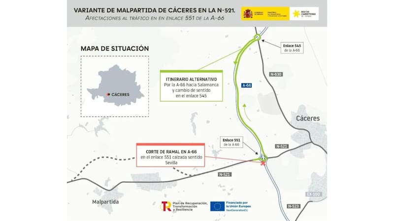 El corte será en el ramal de incorporación de la N-521 a la A-66 en sentido Sevilla. Foto: Ministerio de Transportes