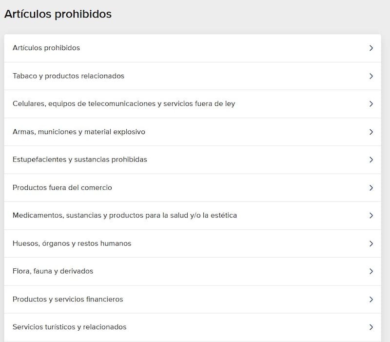 Extensa lista de artículos prohibidos por Mercado Pago.