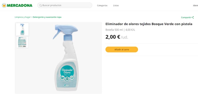 El eliminador de olores en tejidos que ofrece Mercadona en su sitio web.