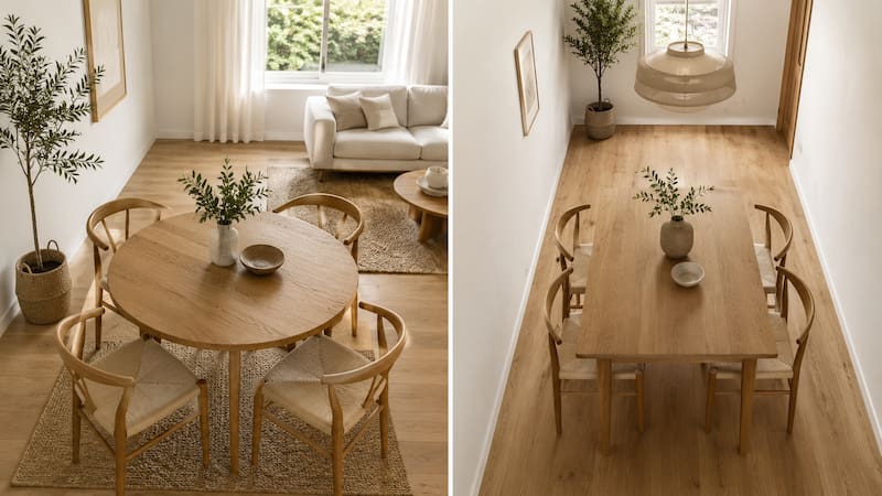 La forma de la mesa define cómo circula la energía y cómo se conversa: el Feng Shui prefiere la redonda; el espacio, la que mejor encaje.