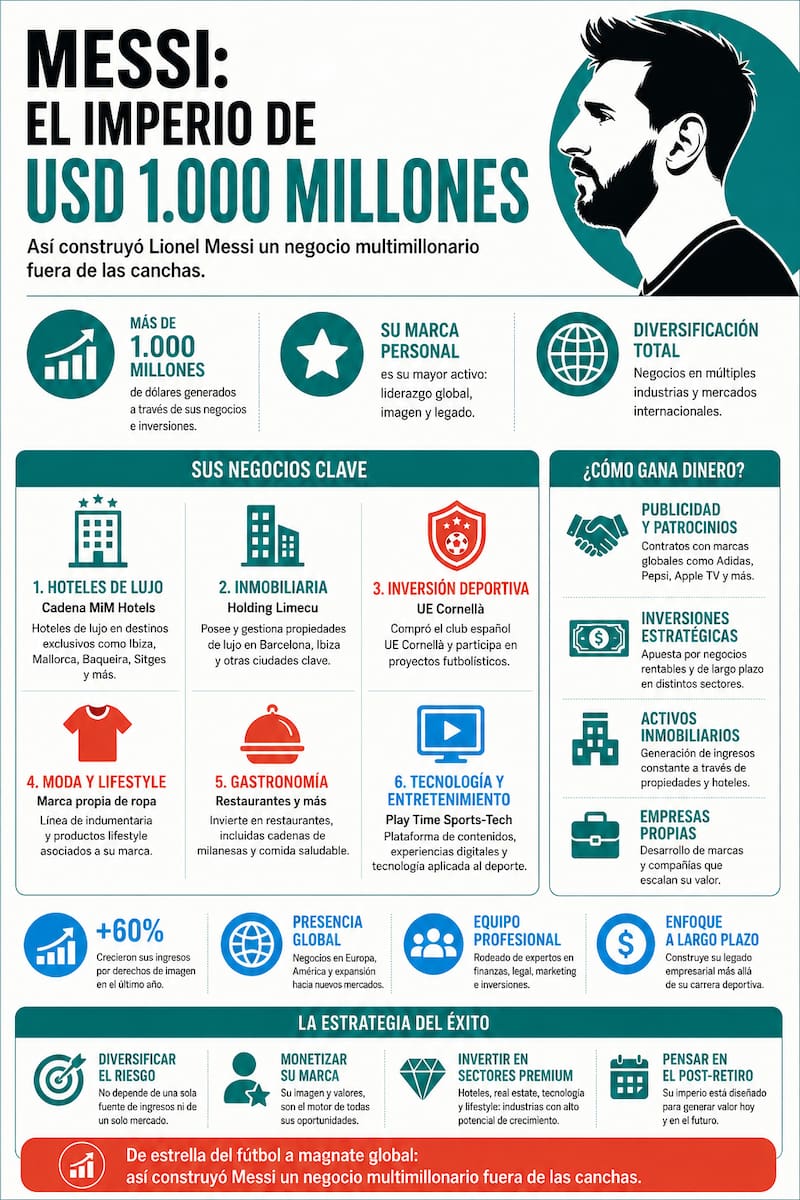 Infografía de los negocios de Messi: su fortuna de 1000 millones de dólares a través de inversiones, negocios globales y el poder de su marca personal.