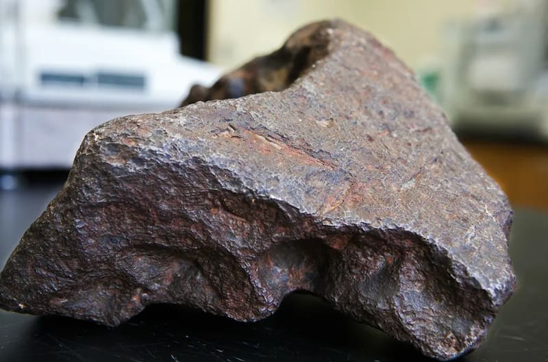 La profesora Monaliza Sirbescu muestra el meteorito Edmore, una pieza de hierro de más de 10 kilos hallada en Michigan.