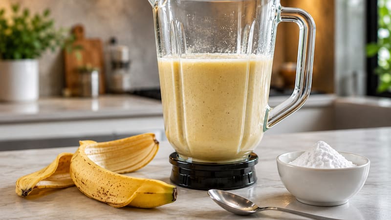 Mezclar cáscaras de banana y bicarbonato de sodio.
