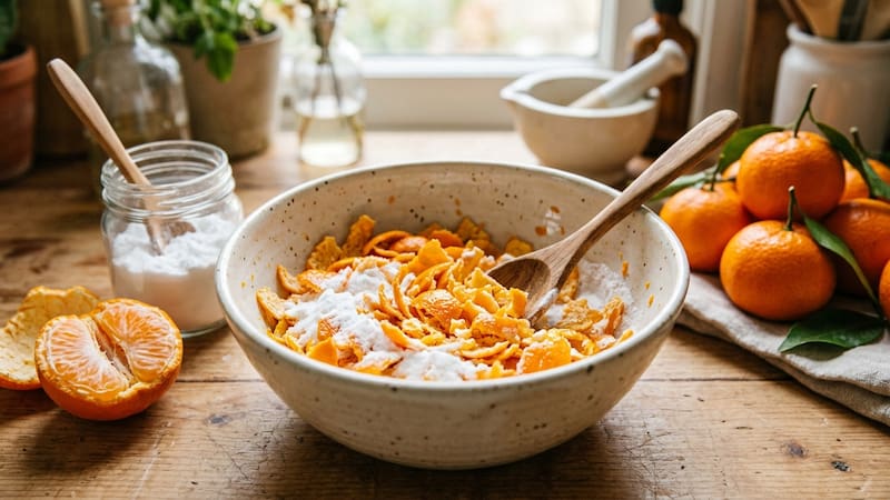 Mezclar cáscaras de mandarina con bicarbonato.