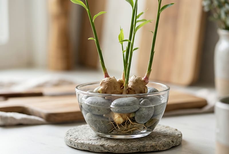 Cómo hacer una decoración similar al bambú con jengibre, piedras y agua.