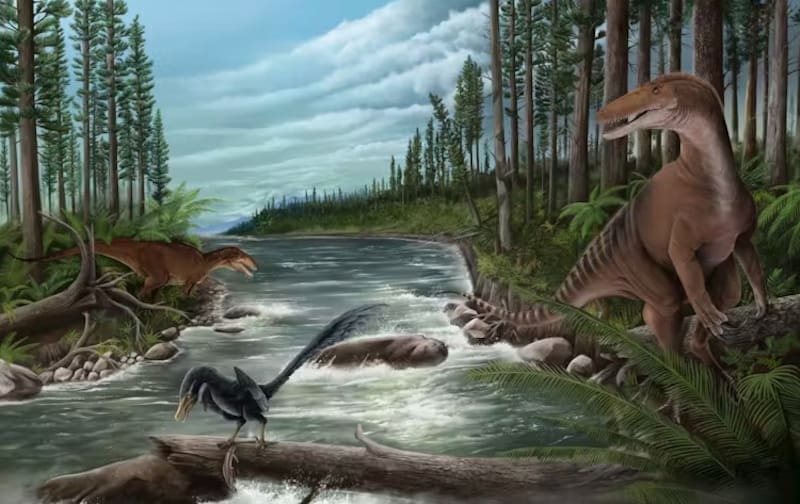 Interpretación artística de la Costa de Bass del Cretácico, hace 121,4 millones de años. De izquierda a derecha: carcharodontosaurio, unenlagiino y megaraptórido. Jonathan Metzger para Museums Victoria.