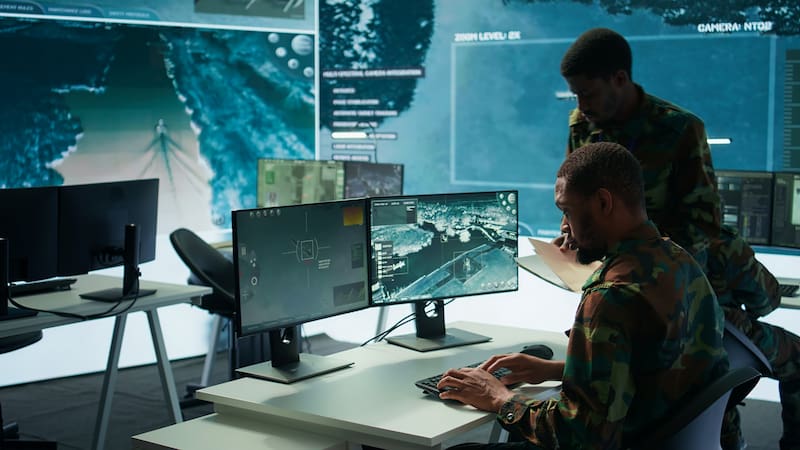 Military experts in mission control center use modern technology on computer and big screen, analyzing satellite footage. Specialist tracking potential threats for intelligence operations. Camera B.