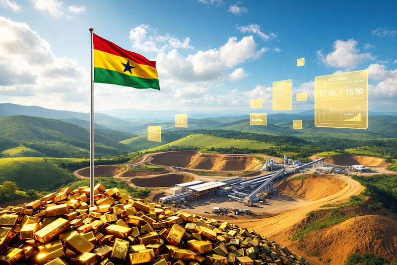 Mina de oro a cielo abierto en Ghana, con la bandera nacional en primer plano y lingotes que simbolizan la magnitud de los recursos. Fuente: IA.