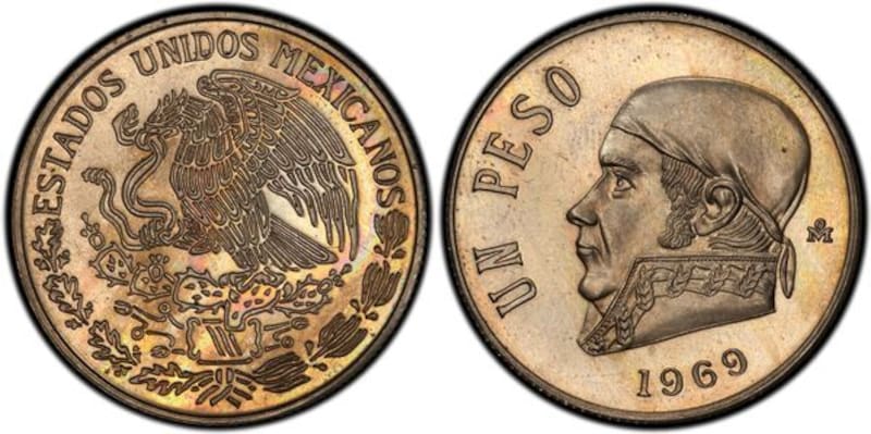 La moneda de 1 peso de 1969 con la imagen de José María Morelos fue una pieza de ensayo y nunca entró en circulación, lo que la convierte en un objeto altamente codiciado por coleccionistas. Fuente: Banxico.
