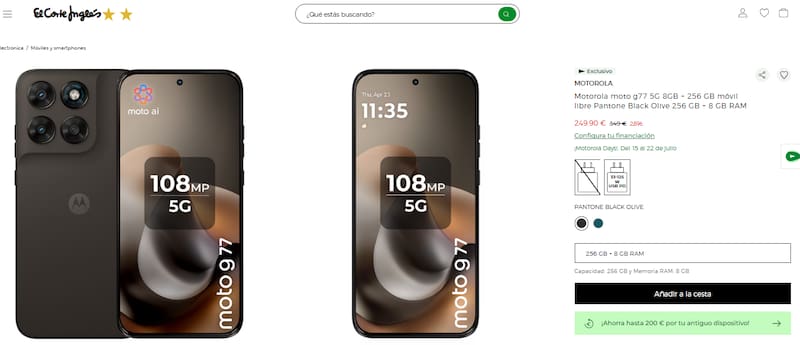 El moto g77 está en descuento en El Corte Inglés: este smartphone se consigue por menos de 250 euros.