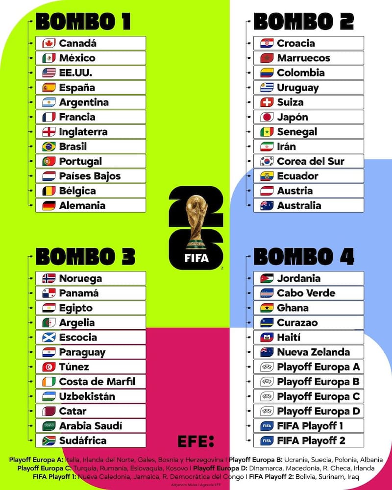 Los bombos de los equipos que participan del Mundial.