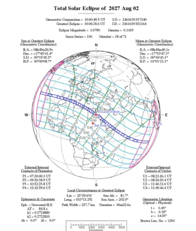¿Cuál será la trayectoria del eclipse total de sol que se registrará el 2 de agosto de 2027? (Foto: NASA)