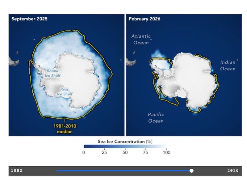 NASA satellite observations show how Antarctic sea ice expands during the Southern Hemisphere's winter and retreats in summer, revealing seasonal variations and long-term changes in its coverage.