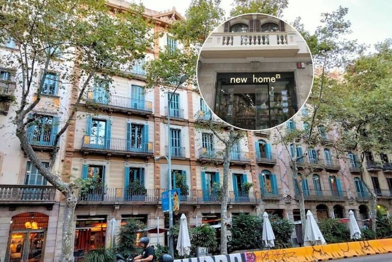 Edificio histórico del siglo XIX en la Ronda de Sant Antoni, situado en Barcelona, España, donde se encuentra una tienda de tipo bazar conocido como New Home.