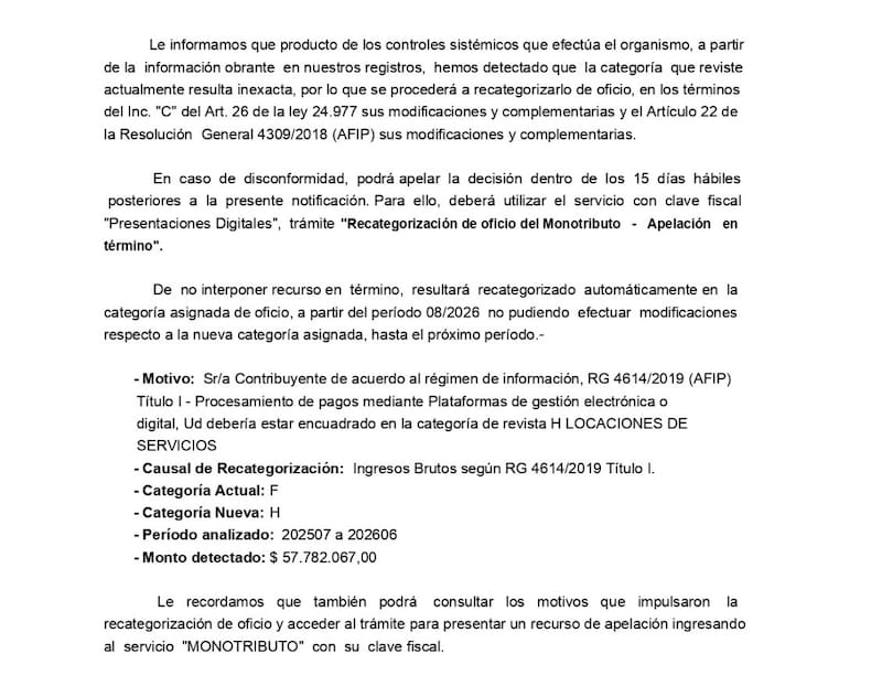 Notificación recibida por un contribuyente que fue recategorizado de oficio