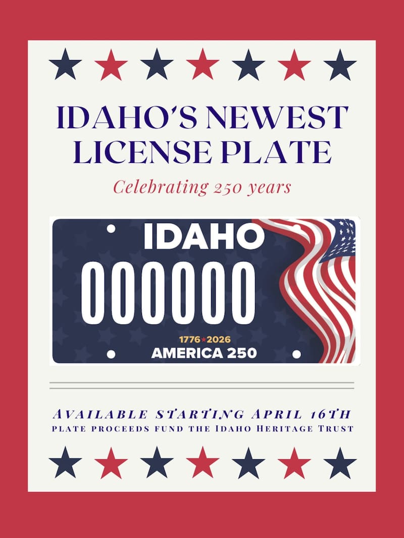 Las autoridades estatales de Idaho pusieron en marcha un nuevo diseño de matrículas vehiculares para conmemorar el aniversario 250 de Estados Unidos. Fuente: Departamento de Transporte de Idaho.