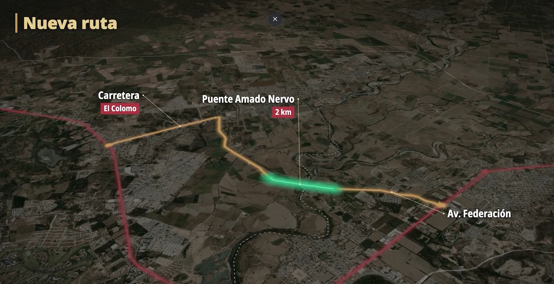 Proyección del tramo de la carretera que conecta a Bahía de Banderas y Puerto Vallarta. En verde los dos KM del Puente Amado Nervo.