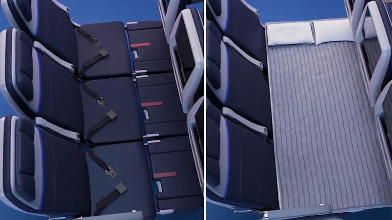 Así se transforman los nuevos asientos cama de United Airlines.
