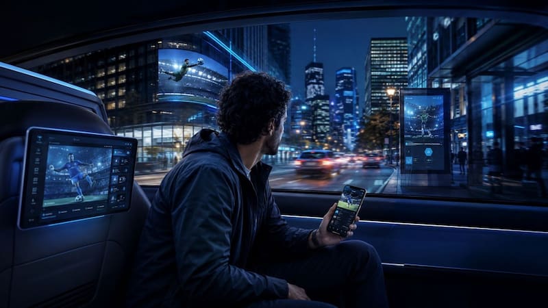 Un pasajero viaja en el asiento trasero de un auto durante la noche, interactuando con el contenido deportivo transmitido en la pantalla del reposacabezas y en su teléfono móvil, rodeado por pantallas publicitarias en el entorno urbano.