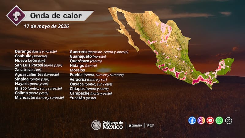 la onda de calor se extenderá a regiones de 22 entidades de México. Esta condición es generada por un anticiclón posicionado en niveles medios de la atmósfera.