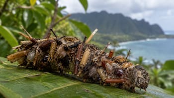 Se hizo historia: hallaron una nueva y extraña especie de oruga hawaiana “coleccionadora de huesos” que decora su hogar con partes de insectos
