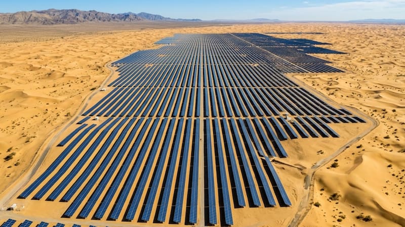 Los paneles no solo producen electricidad. También actúan como barrera contra el viento y reducen la evaporación del agua del suelo. (Imagen ilustrativa generada con IA)