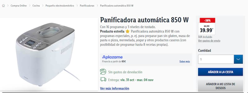 La nueva panificadora automática de Lidl está disponible en la web por 39,99 euros. (Fuente: Lidl).